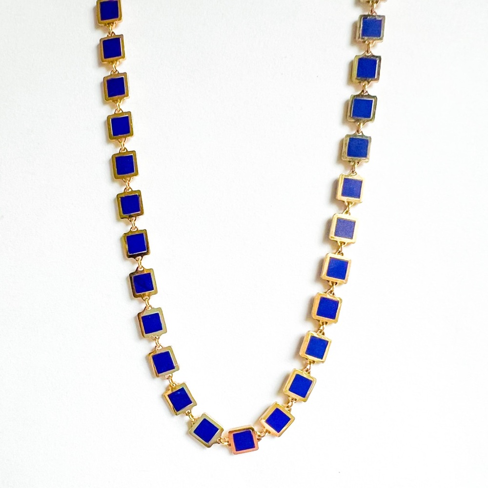 Lapis Lazuli Inlay Square Station Necklace 14K Yellow Gold